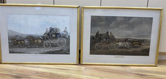19th century English School, pair of coloured aquatints, Coaching scenes: Pulling up to Un-skid and Waking Up, 43 x 67cm